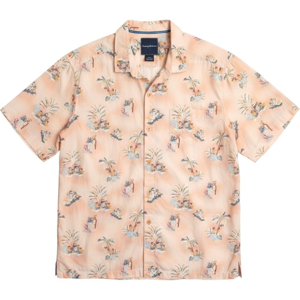Tommy‎ Bahama Hawaiian Camp Shirt XL Pink Peach Tropical Tiki 100% Cotton Aloha
